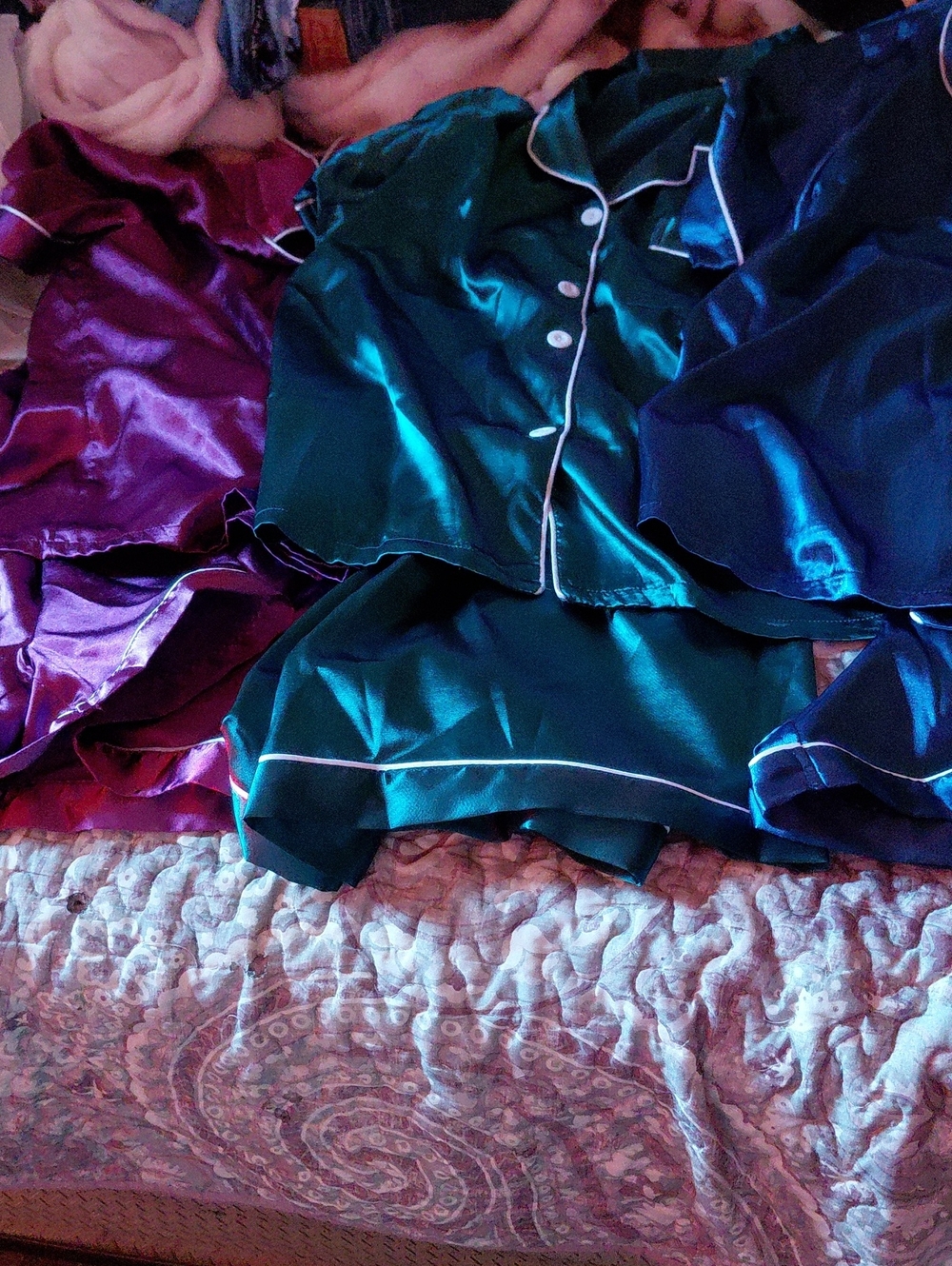 Satin Short Pajama Set in Deep Teal with Contrast Piping